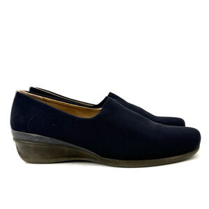 Ecco Comfort Shoes Womens 8 Navy Blue Abalone Low Wedge Stretch Fabric Loafer